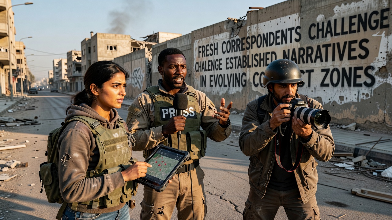 Correspondent reviewing drone footage on a laptop inside a temporary shelter during an ongoing operation