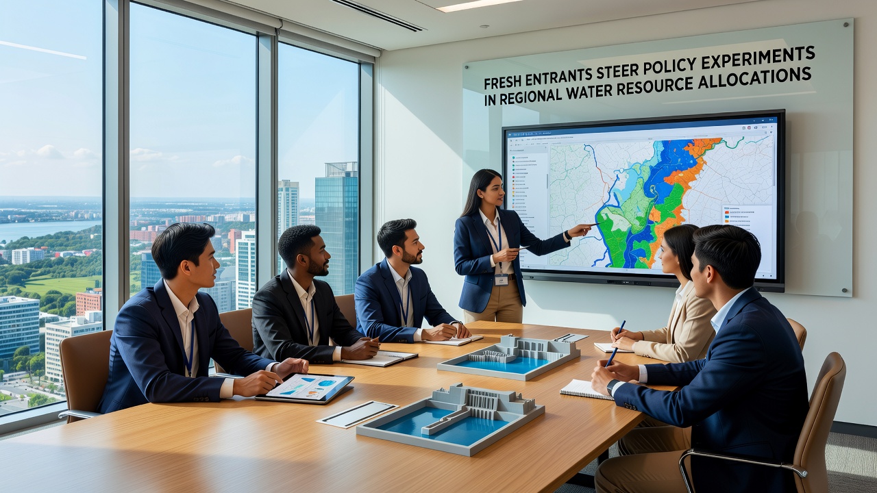 Analysts examining real-time river flow sensors and allocation simulation screens in a field office setting