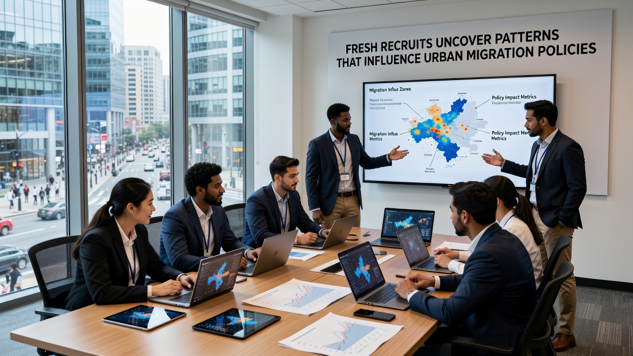 Team of entry-level urban planners discussing migration trend visualizations on multiple screens